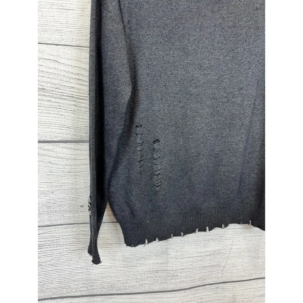 Fate Women's Gray Distressed Beaded Graphic Long Sleeve Sweater Size Small